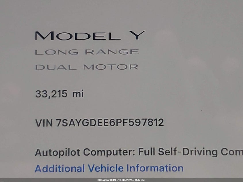 2023 Tesla Model Y Awd/Long Range Dual Motor All-Wheel Drive VIN: 7SAYGDEE6PF597812 Lot: 43579019