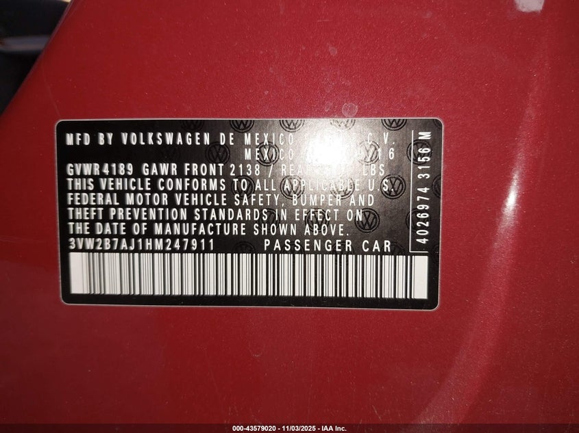 2017 VOLKSWAGEN JETTA 1.4T S 3VW2B7AJ1HM247911