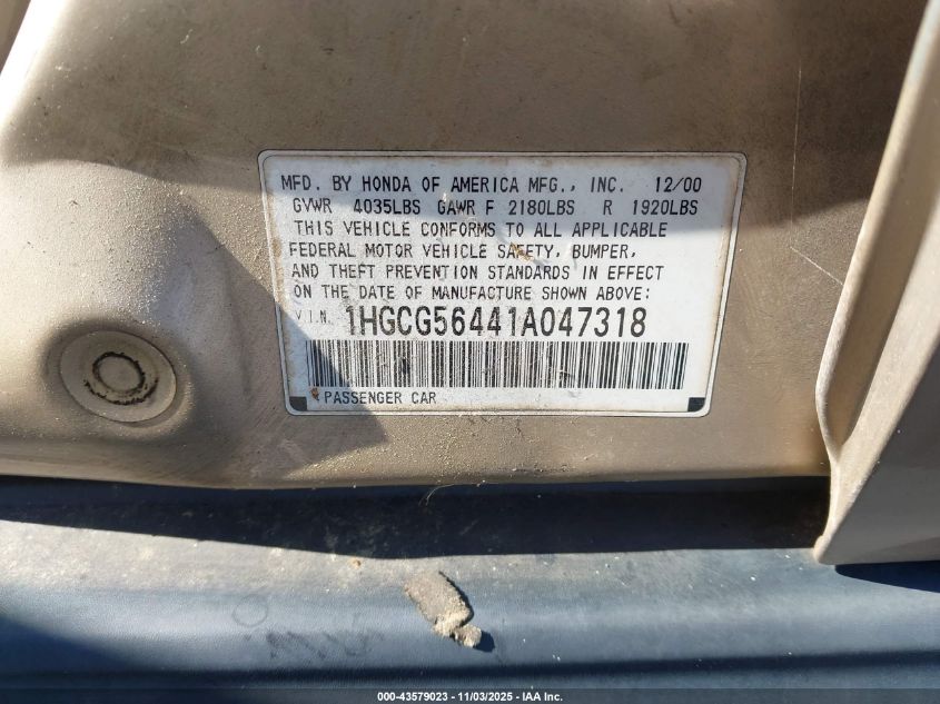 2001 Honda Accord 2.3 Lx VIN: 1HGCG56441A047318 Lot: 43579023