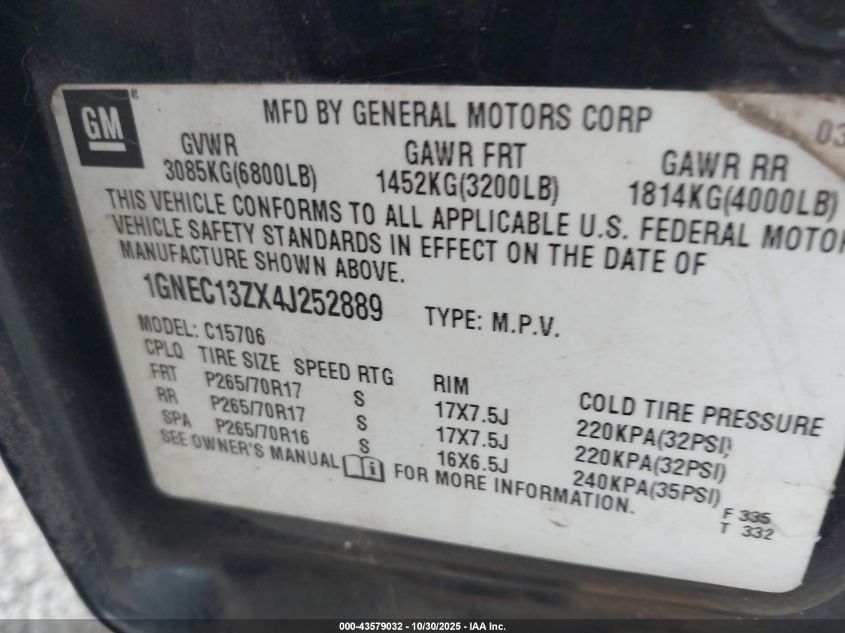 2004 Chevrolet Tahoe Lt VIN: 1GNEC13ZX4J252889 Lot: 43579032