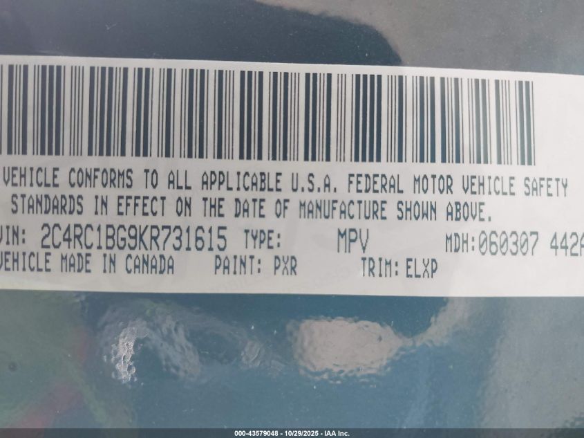 2019 Chrysler Pacifica Touring L VIN: 2C4RC1BG9KR731615 Lot: 43579048