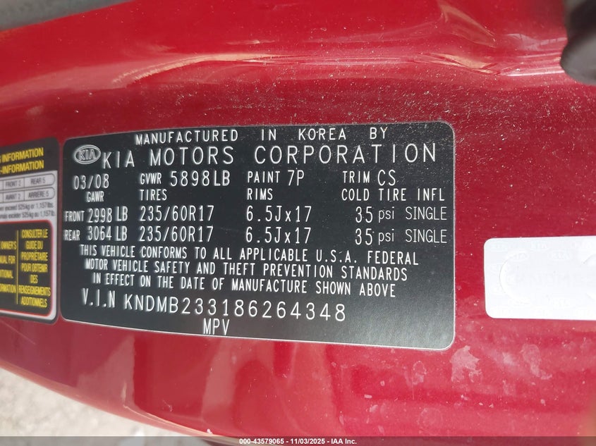 2008 Kia Sedona Ex VIN: KNDMB233186264348 Lot: 43579065