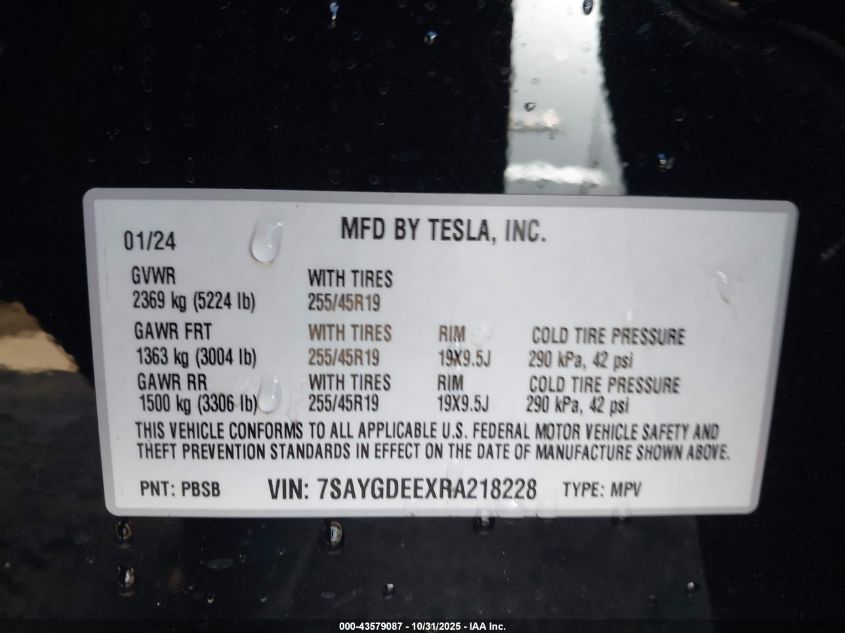2024 Tesla Model Y Long Range Dual Motor All-Wheel Drive VIN: 7SAYGDEEXRA218228 Lot: 43579087
