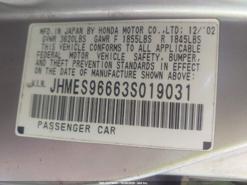 2003 Honda Civic Hybrid VIN: JHMES96663S019031 Lot: 43579093