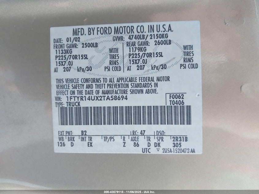 2002 Ford Ranger Edge/Tremor/Xl/Xlt VIN: 1FTYR14UX2TA58694 Lot: 43579115