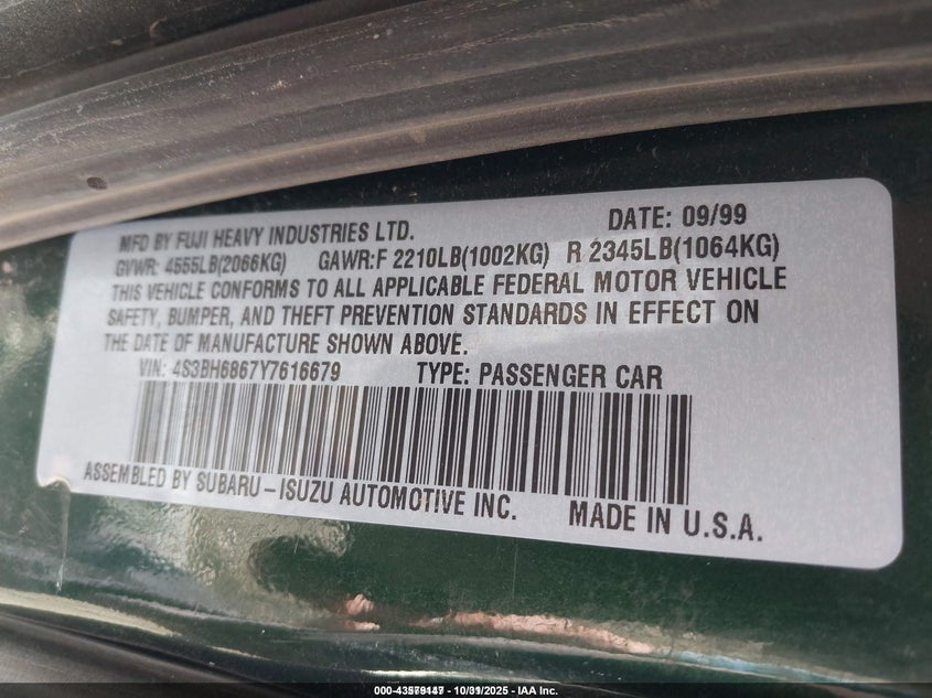 2000 Subaru Outback Limited VIN: 4S3BH6867Y7616679 Lot: 43579147