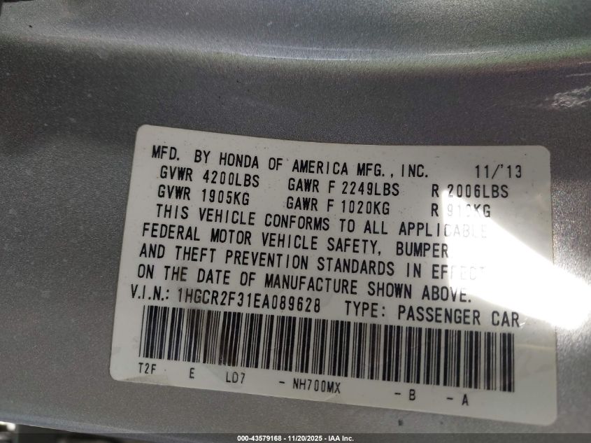 2014 Honda Accord Lx VIN: 1HGCR2F31EA089628 Lot: 43579168
