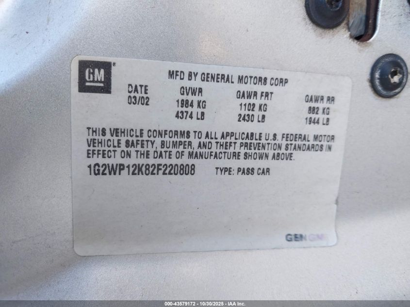 2002 Pontiac Grand Prix Gt VIN: 1G2WP12K82F220808 Lot: 43579172