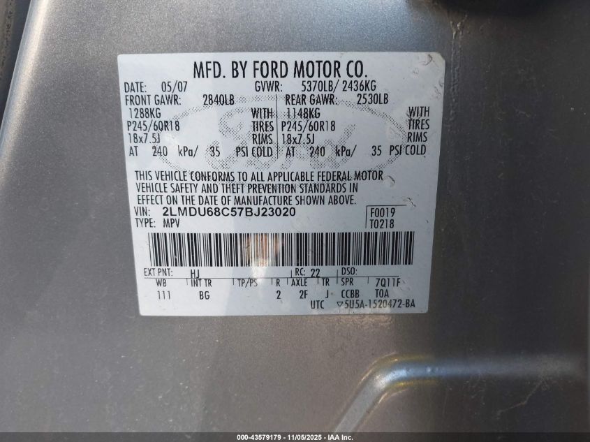 2007 Lincoln Mkx VIN: 2LMDU68C57BJ23020 Lot: 43579179