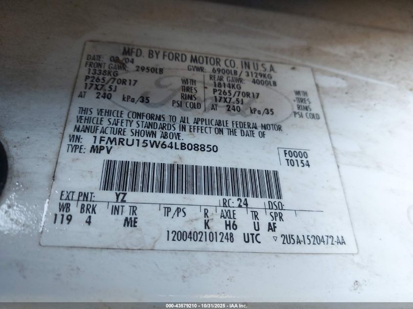 2004 Ford Expedition Xlt VIN: 1FMRU15W64LB08850 Lot: 43579210