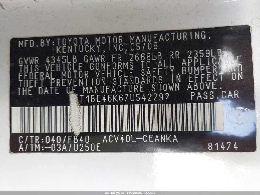 2007 Toyota Camry Le VIN: 4T1BE46K67U542292 Lot: 43579224