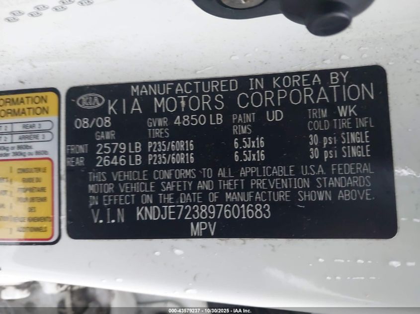 2009 Kia Sportage Lx V6 VIN: KNDJE723897601683 Lot: 43579237