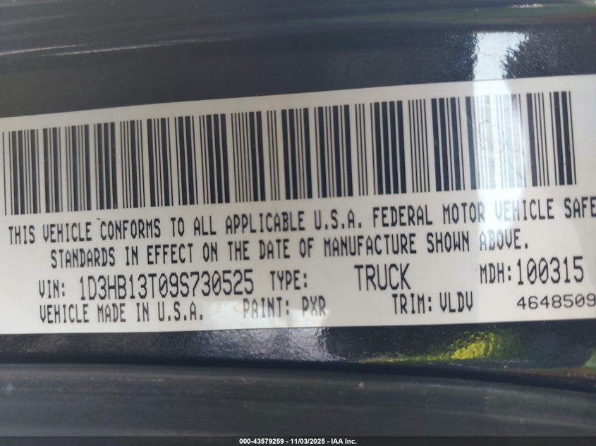 2009 Dodge Ram 1500 Laramie VIN: 1D3HB13T09S730525 Lot: 43579259