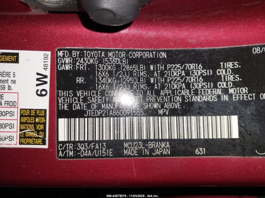 2006 Toyota Highlander V6 VIN: JTEDP21A860091555 Lot: 43579278