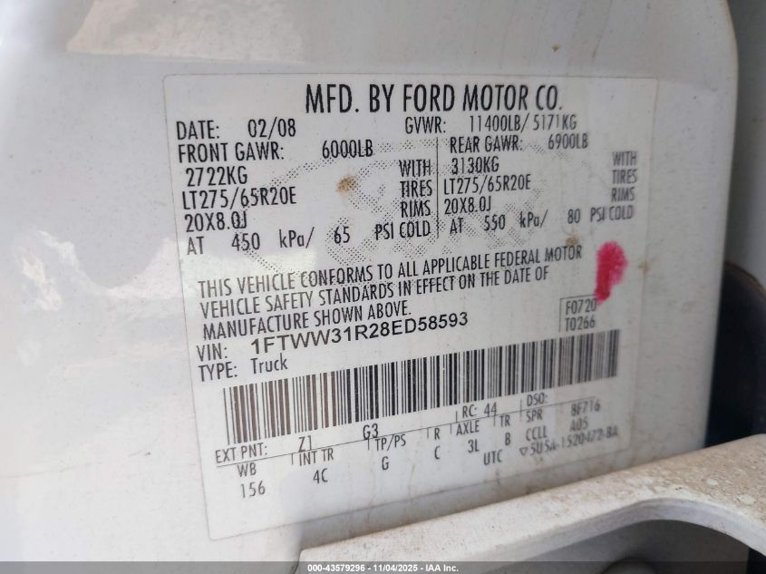 2008 Ford F-350 Fx4/Harley-Davidson/King Ranch/Lariat/Xl/Xlt VIN: 1FTWW31R28ED58593 Lot: 43579296