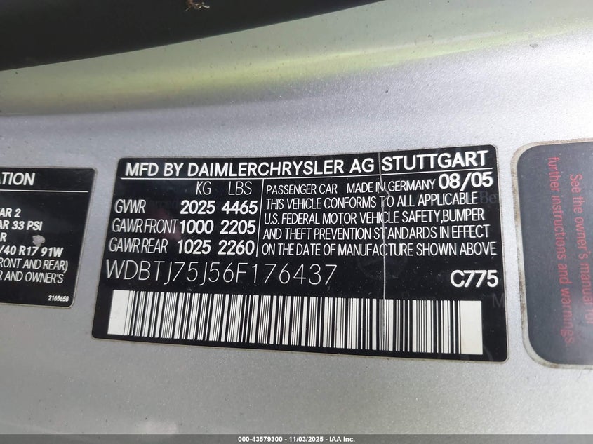 2006 Mercedes-Benz Clk 500 VIN: WDBTJ75J56F176437 Lot: 43579300