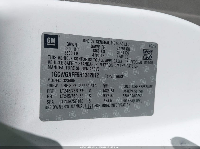 2017 Chevrolet Express 2500 Work Van VIN: 1GCWGAFF8H1342812 Lot: 43579301