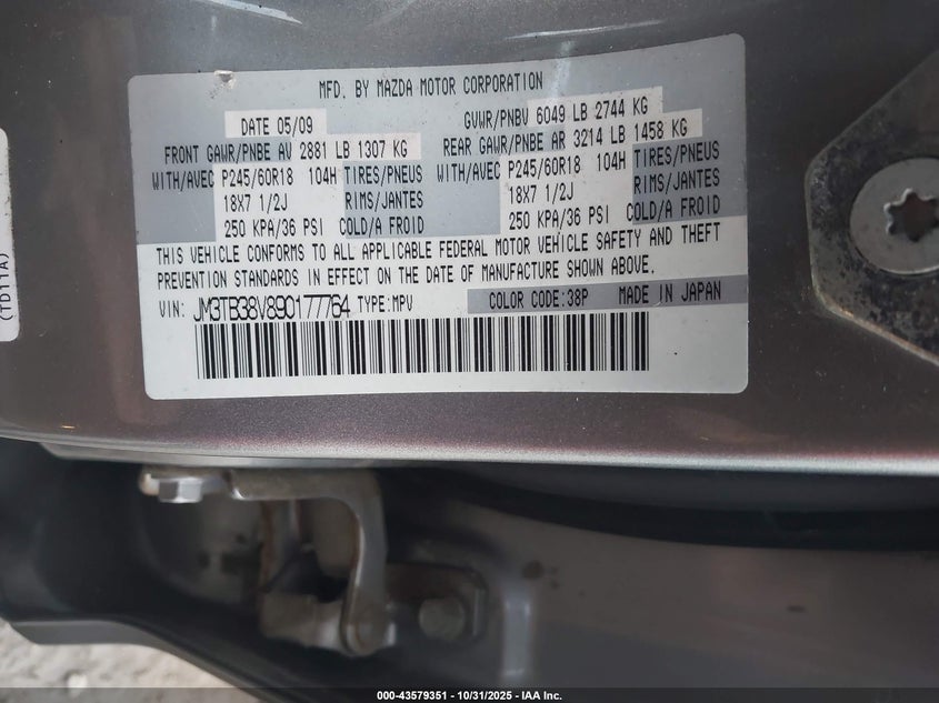 2009 Mazda Cx-9 Touring VIN: JM3TB38V890177764 Lot: 43579351