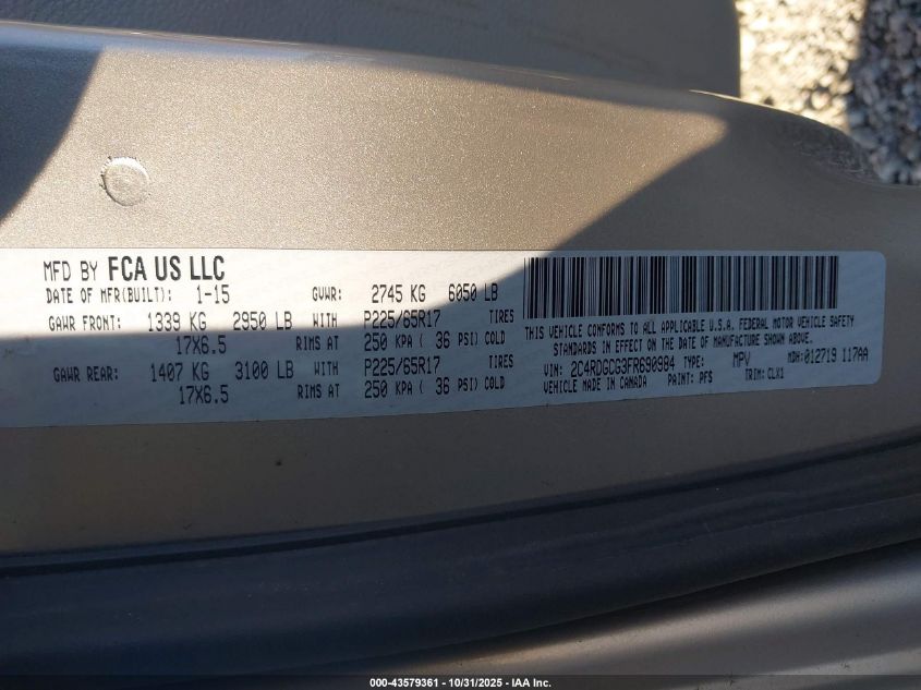 2015 Dodge Grand Caravan Sxt Plus VIN: 2C4RDGCG3FR690984 Lot: 43579361