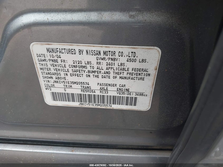 2005 Infiniti G35 VIN: JNKCV51E35M205574 Lot: 43579392
