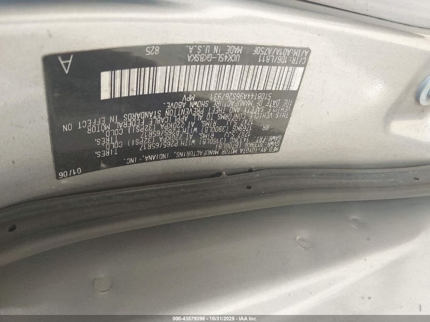 2006 Toyota Sequoia Sr5 V8 VIN: 5TDBT44A96S267931 Lot: 43579396