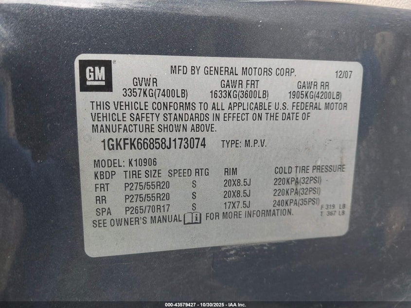 2008 GMC Yukon Xl 1500 Denali VIN: 1GKFK66858J173074 Lot: 43579427