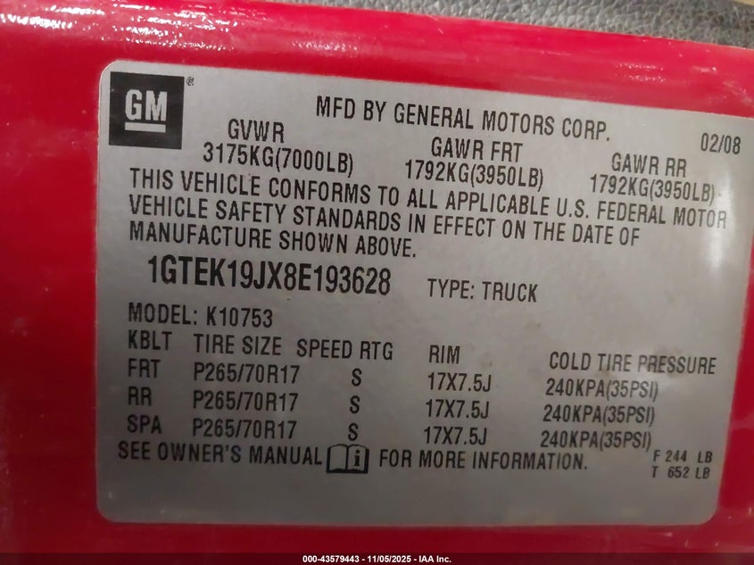 2008 GMC Sierra 1500 Sle1 VIN: 1GTEK19JX8E193628 Lot: 43579443