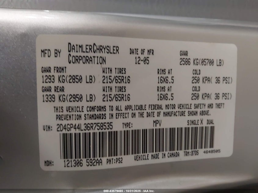 2006 Dodge Grand Caravan Sxt VIN: 2D4GP44L36R758535 Lot: 43579465