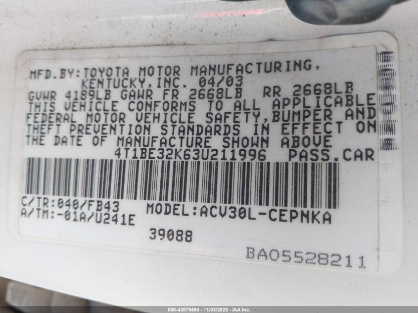 2003 Toyota Camry Le/Xle/Se VIN: 4T1BE32K63U211996 Lot: 43579494