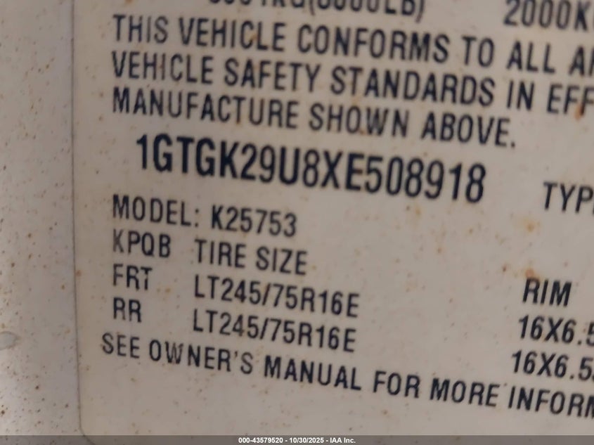 1999 GMC Sierra 2500 Sle VIN: 1GTGK29U8XE508918 Lot: 43579520