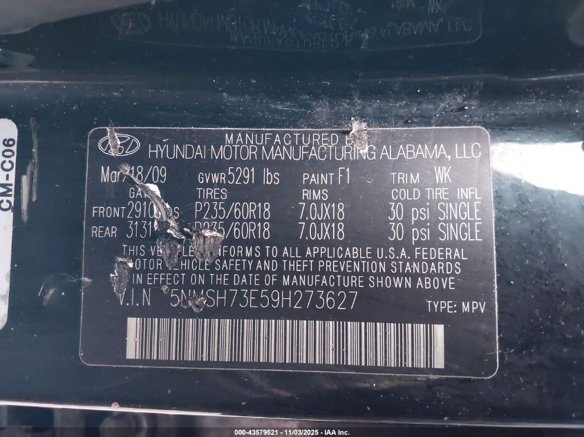 2009 Hyundai Santa Fe Limited VIN: 5NMSH73E59H273627 Lot: 43579521