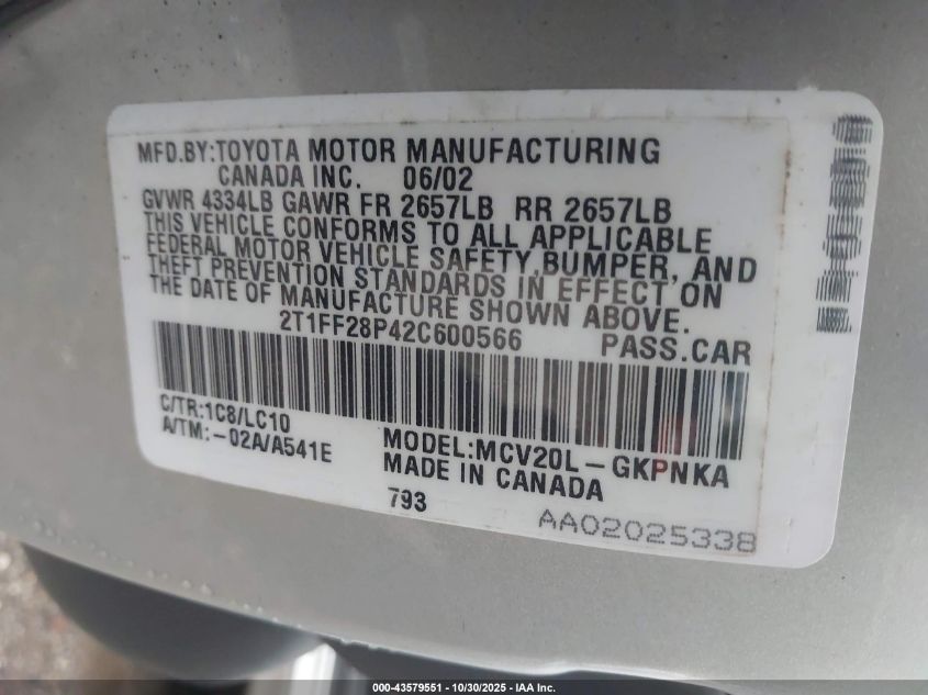 2002 Toyota Camry Solara Sle V6 VIN: 2T1FF28P42C600566 Lot: 43579551