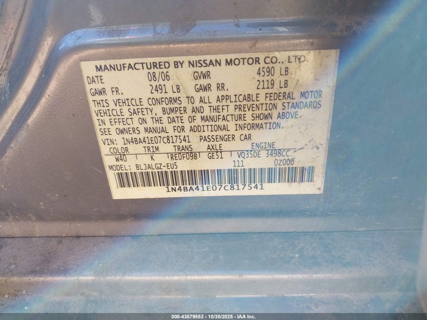 2007 Nissan Maxima 3.5 Sl VIN: 1N4BA41E07C817541 Lot: 43579553