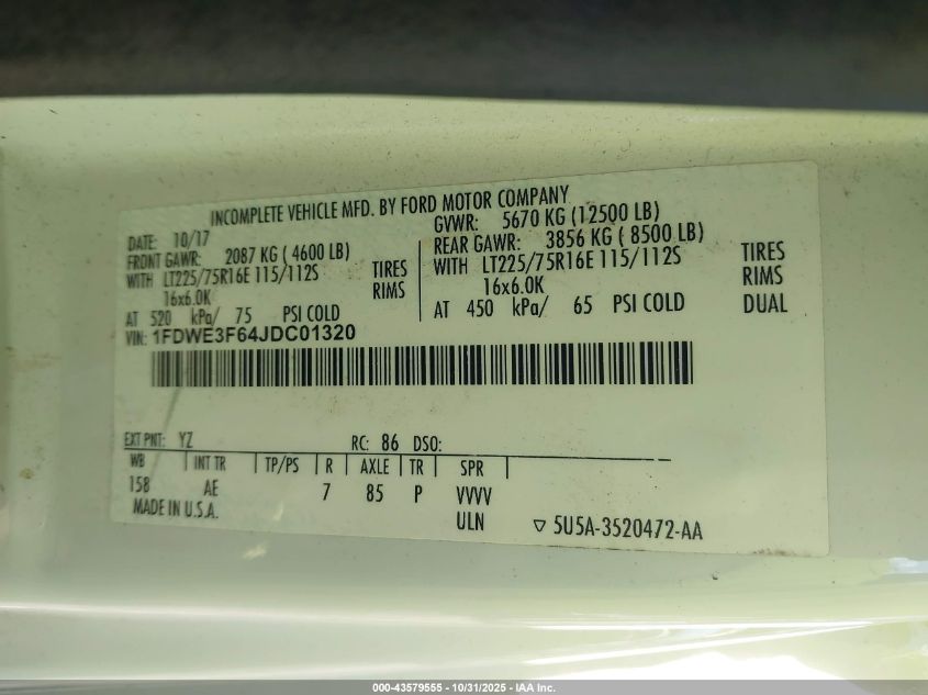 2018 Ford E-350 Cutaway VIN: 1FDWE3F64JDC01320 Lot: 43579555