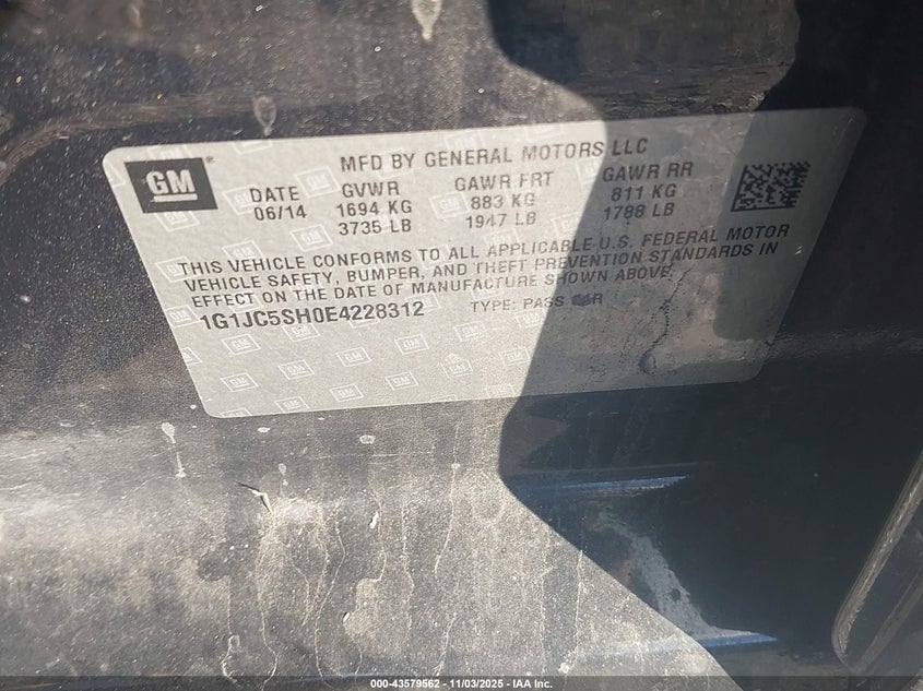 2014 CHEVROLET SONIC LT AUTO - 1G1JC5SH0E4228312