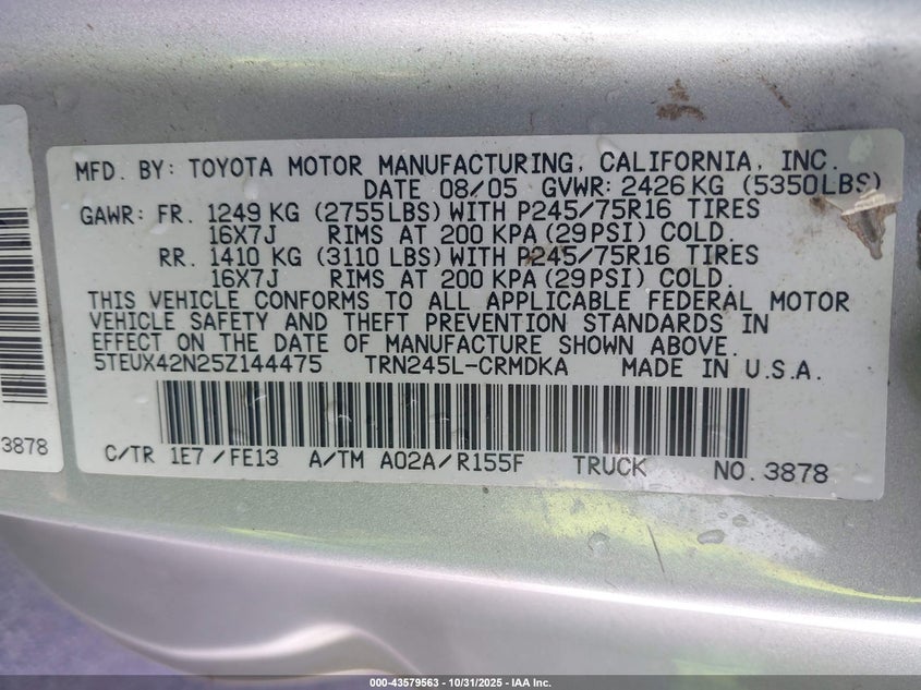 5TEUX42N25Z144475 2005 TOYOTA TACOMA photo no. 9