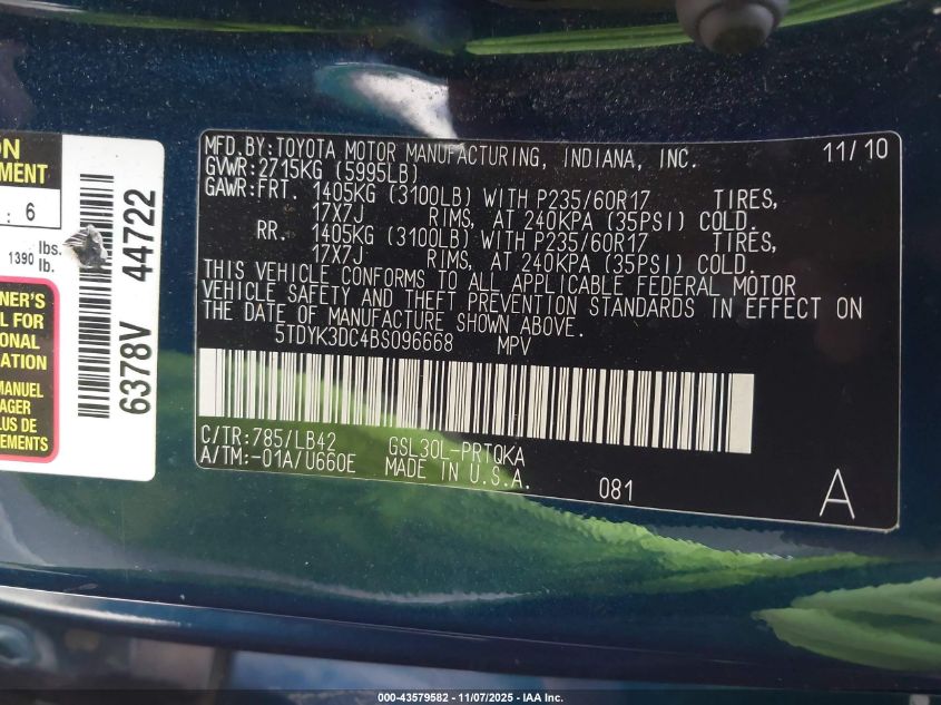 2011 Toyota Sienna Xle V6 VIN: 5TDYK3DC4BS096668 Lot: 43579582