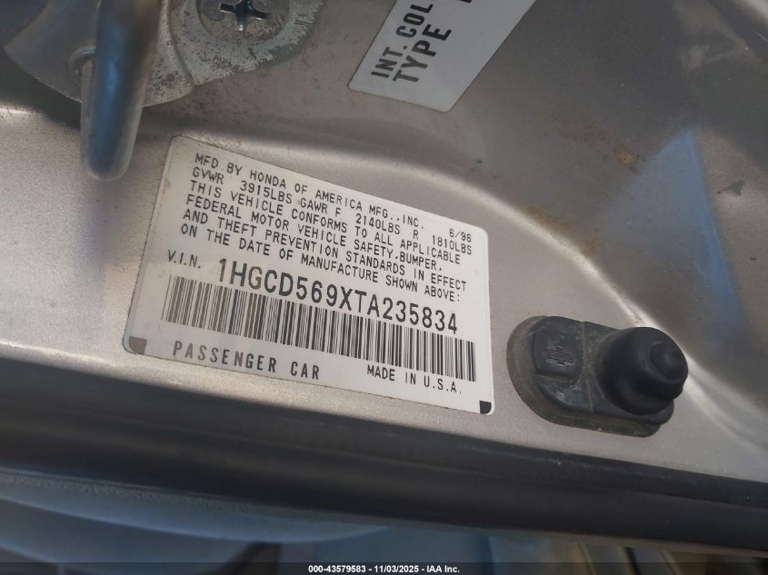 1996 Honda Accord Value VIN: 1HGCD569XTA235834 Lot: 43579583