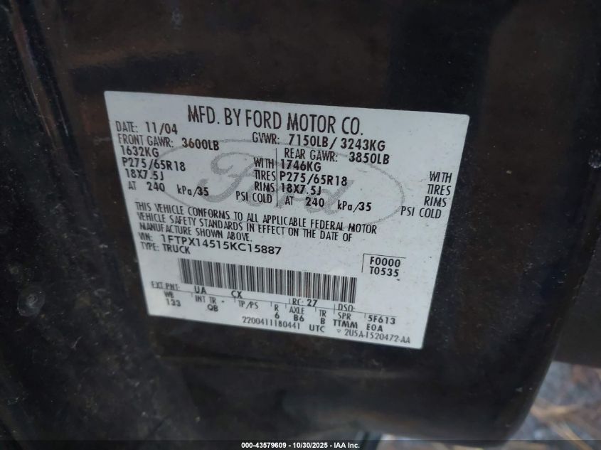 2005 Ford F-150 Fx4/Lariat/Xl/Xlt VIN: 1FTPX14515KC15887 Lot: 43579609