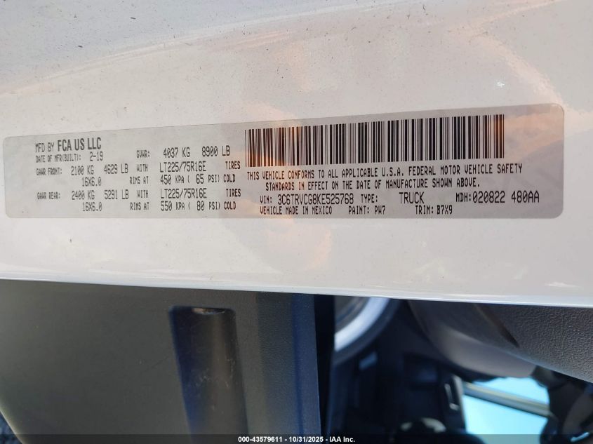 2019 Ram Promaster 2500 High Roof 136 Wb VIN: 3C6TRVCG8KE525768 Lot: 43579611