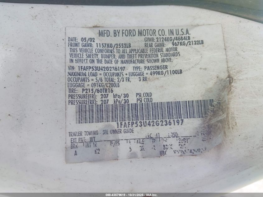 2002 Ford Taurus Se VIN: 1FAFP53U42G236197 Lot: 43579619