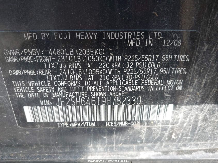 2009 Subaru Forester 2.5X Limited VIN: JF2SH64619H782330 Lot: 43579633