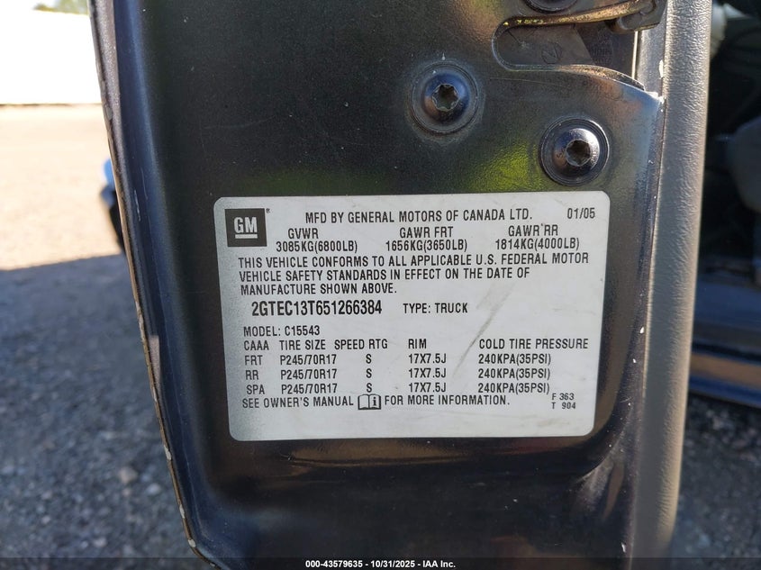 2005 GMC Sierra 1500 Sle VIN: 2GTEC13T651266384 Lot: 43579635