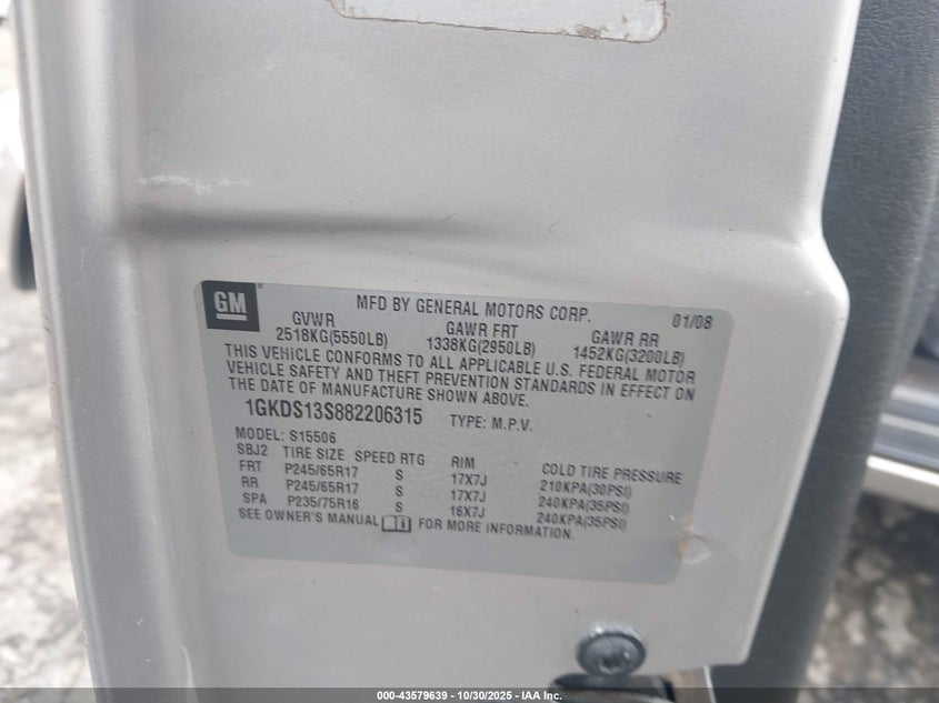 2008 GMC Envoy Sle VIN: 1GKDS13S882206315 Lot: 43579639