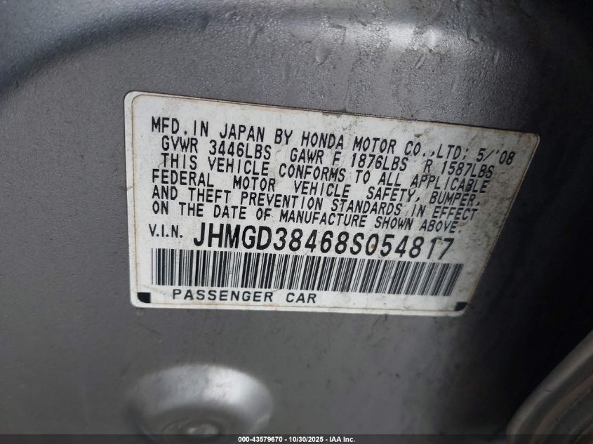 2008 Honda Fit VIN: JHMGD38468S054817 Lot: 43579670