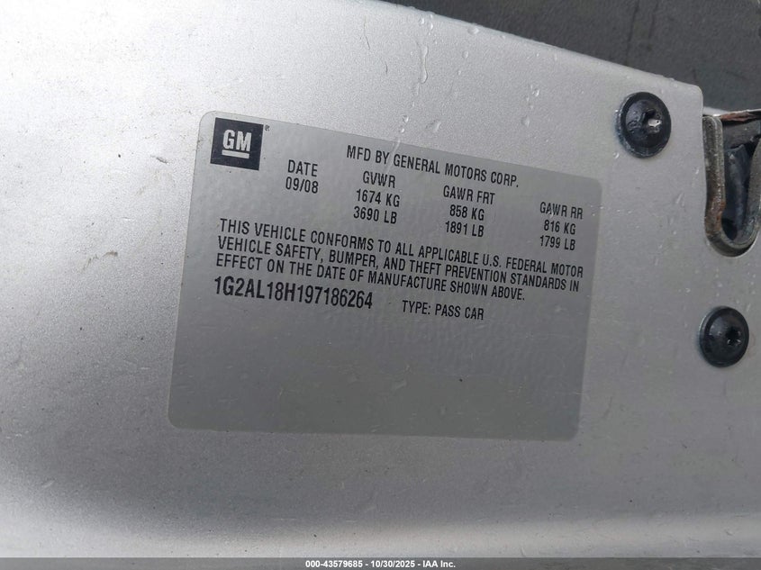 2009 Pontiac G5 VIN: 1G2AL18H197186264 Lot: 43579685