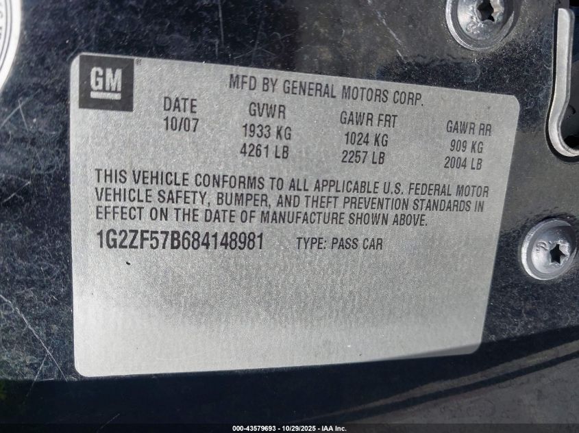 2008 Pontiac G6 Value Leader VIN: 1G2ZF57B684148981 Lot: 43579693