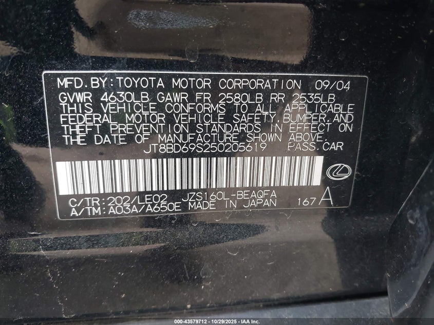 2005 Lexus Gs 300 VIN: JT8BD69S250205619 Lot: 43579712