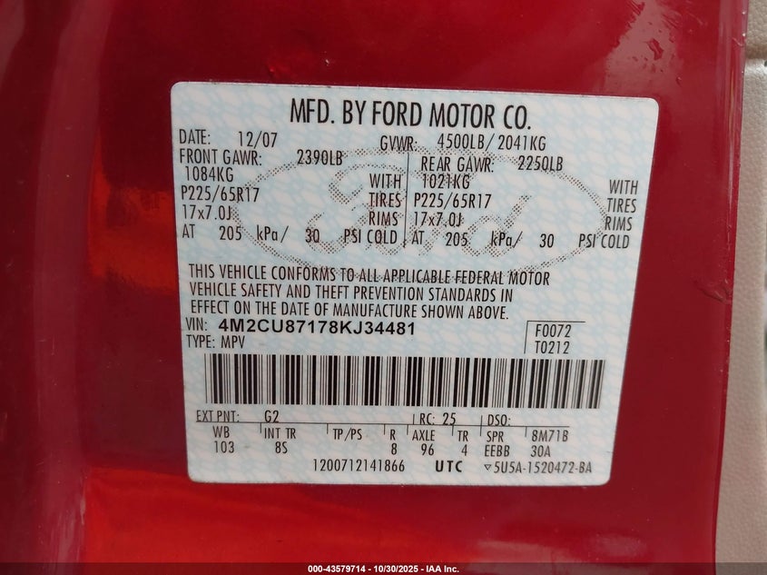 2008 Mercury Mariner Premier VIN: 4M2CU87178KJ34481 Lot: 43579714