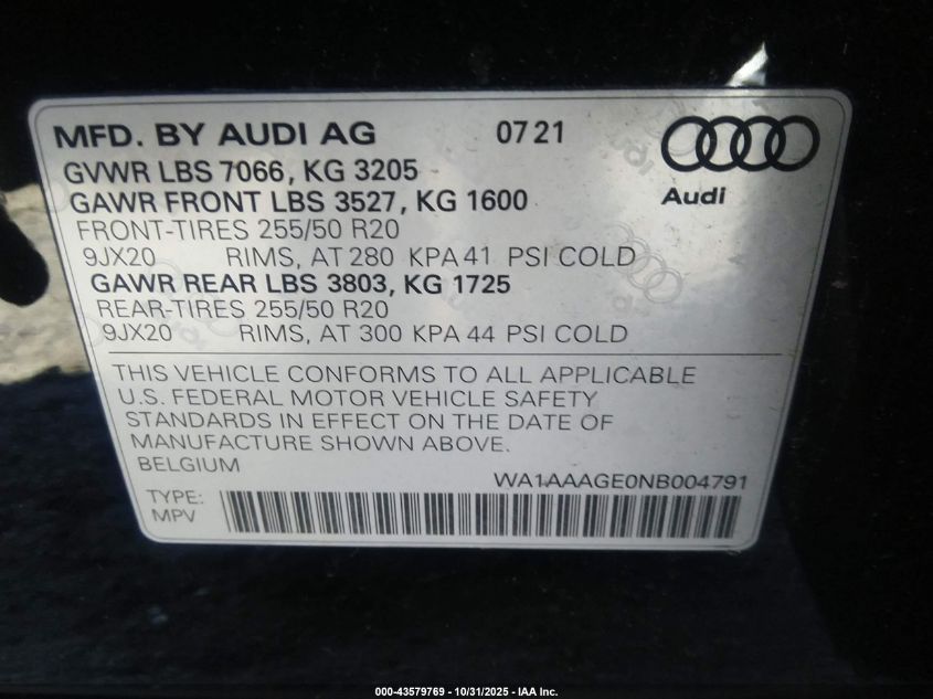 2022 Audi E-Tron Premium Quattro VIN: WA1AAAGE0NB004791 Lot: 43579769